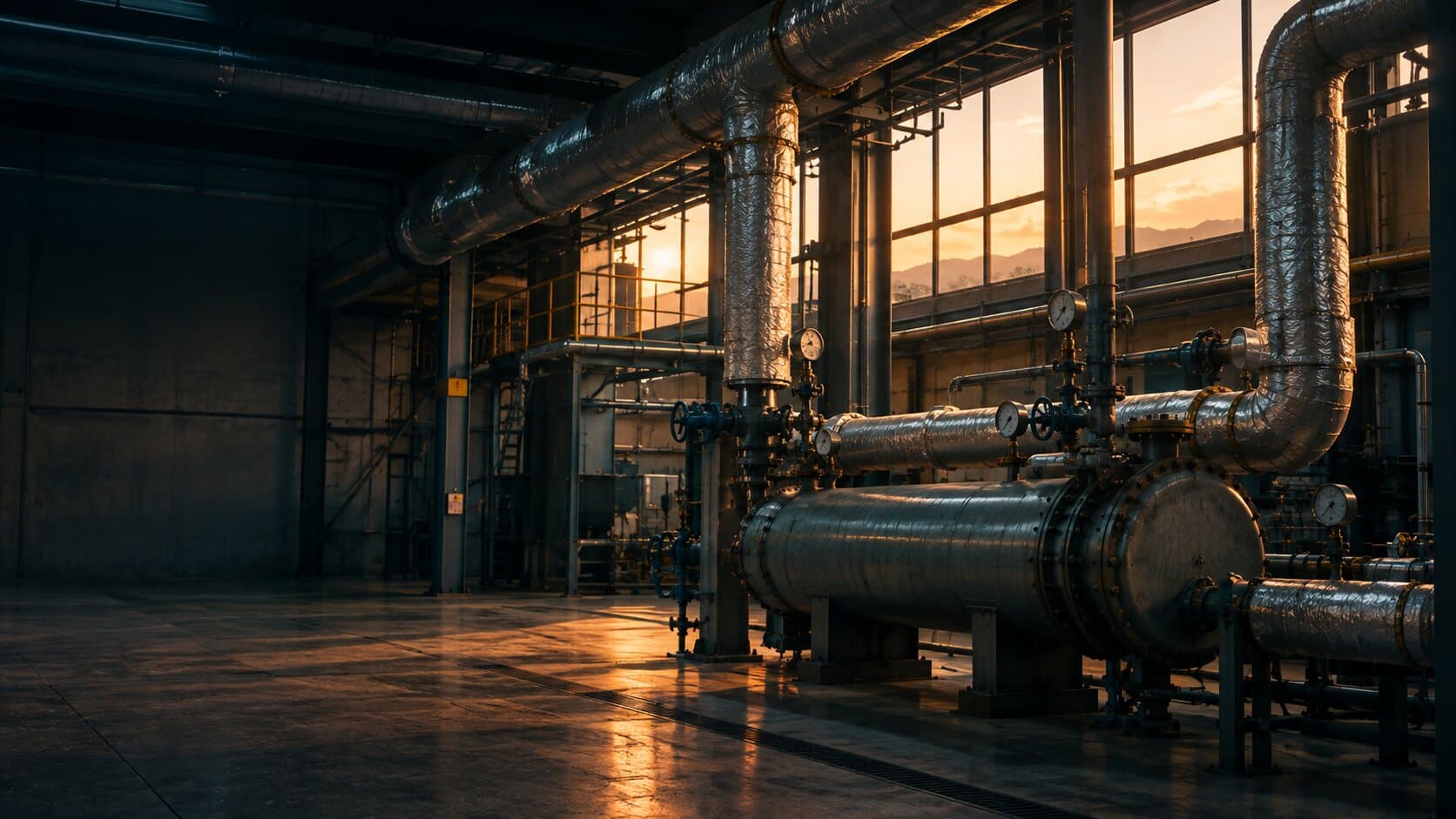 Ilustración: sala de intercambiadores de calor industriales con tuberías aisladas al atardecer, cordillera visible a través de los ventanales de la planta.